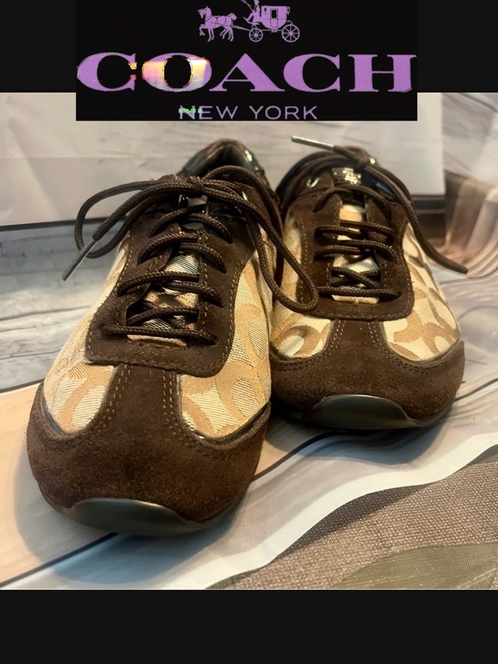 Women's Coach sz 8 Kelbie Brown Suede Signature Jacquard Leather Sneaker 🔥EUC​